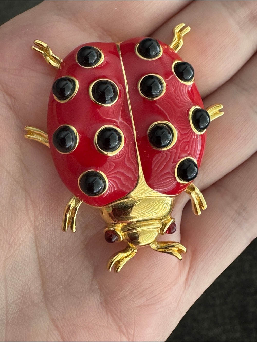 Vintage TRIFARI Insect Ladybug
Beetle Bug Brooch Red Enamel
Black Lucite Spots - Picture 2 of 8
